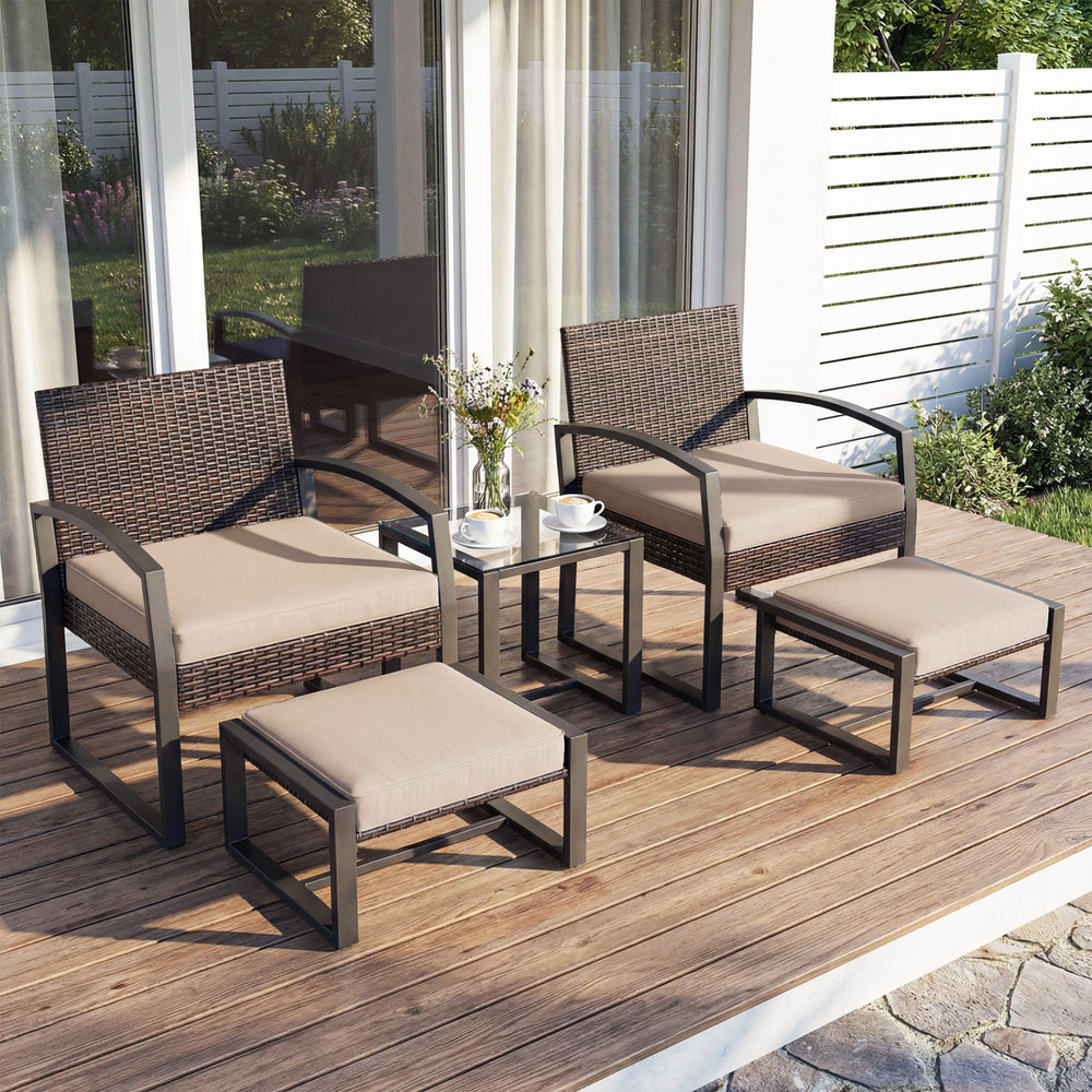 Well-crafted mix brown PE rattan offers sun resistance and timeless elegance<br>Versatile ottomans provide extra seating or side tables  and save floor space<br>Soft sponge cushions provide luxurious comfort for outdoor relaxation<br>Removable zippered co