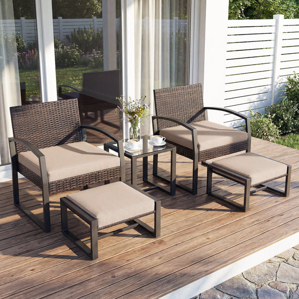 Well-crafted mix brown PE rattan offers sun resistance and timeless elegance<br>Versatile ottomans provide extra seating or side tables  and save floor space<br>Soft sponge cushions provide luxurious comfort for outdoor relaxation<br>Removable zippered co