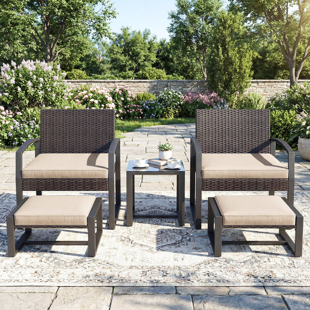 Well-crafted mix brown PE rattan offers sun resistance and timeless elegance<br>Versatile ottomans provide extra seating or side tables  and save floor space<br>Soft sponge cushions provide luxurious comfort for outdoor relaxation<br>Removable zippered co