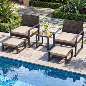Well-crafted mix brown PE rattan offers sun resistance and timeless elegance<br>Versatile ottomans provide extra seating or side tables  and save floor space<br>Soft sponge cushions provide luxurious comfort for outdoor relaxation<br>Removable zippered co