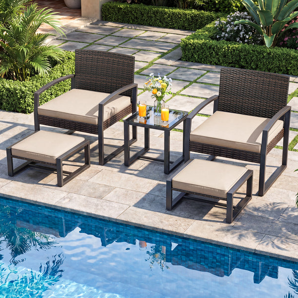 Well-crafted mix brown PE rattan offers sun resistance and timeless elegance<br>Versatile ottomans provide extra seating or side tables  and save floor space<br>Soft sponge cushions provide luxurious comfort for outdoor relaxation<br>Removable zippered co