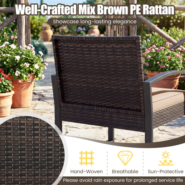 Well-crafted mix brown PE rattan offers sun resistance and timeless elegance<br>Versatile ottomans provide extra seating or side tables  and save floor space<br>Soft sponge cushions provide luxurious comfort for outdoor relaxation<br>Removable zippered co