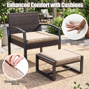 Well-crafted mix brown PE rattan offers sun resistance and timeless elegance<br>Versatile ottomans provide extra seating or side tables  and save floor space<br>Soft sponge cushions provide luxurious comfort for outdoor relaxation<br>Removable zippered co