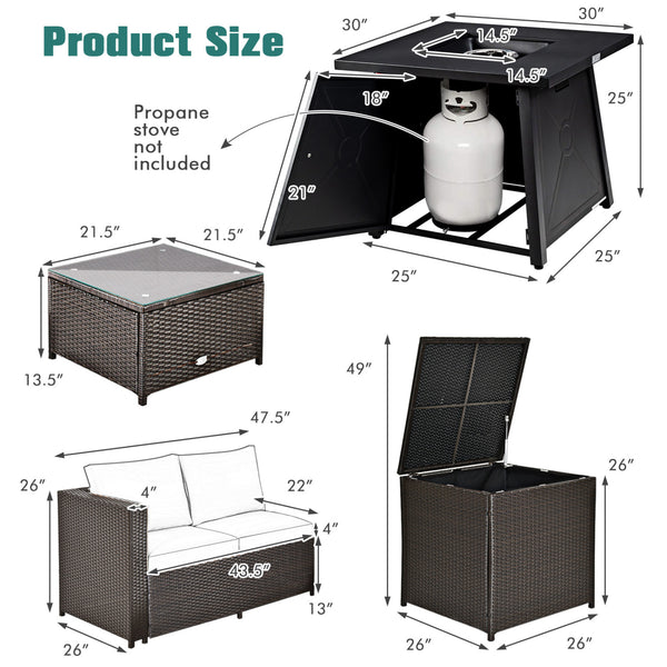Ship in 4 boxes  may arrive on different days<br>2 bags of screws are packed in the different boxes (1 bag of screws in the fire pit table box and another bag of screws in the first sofa set box)<br>Make outdoor gatherings warmer with 50 000 BTU Â  Â <br>