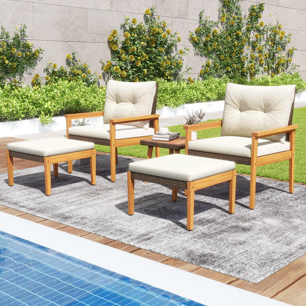 Made of premium PE rattan for long-lasting elegance<br>Crafted with high-quality acacia wood for high stability<br>X-shaped reinforced metal frame under the seat for stronger support<br>Ergonomic backrest makes you more relaxed<br>Soft and elastic cushion