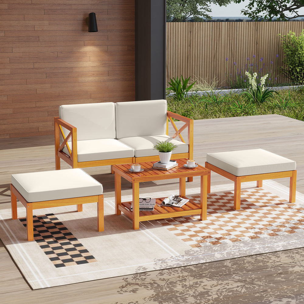 Ensure reliable support thanks to its solid acacia wood<br>Add a natural beauty to your outdoor space<br>Splinter-free surface for smooth touch<br>Soft cushions with high-density sponges for optimal comfort<br>Removable and washable cushion covers for eas