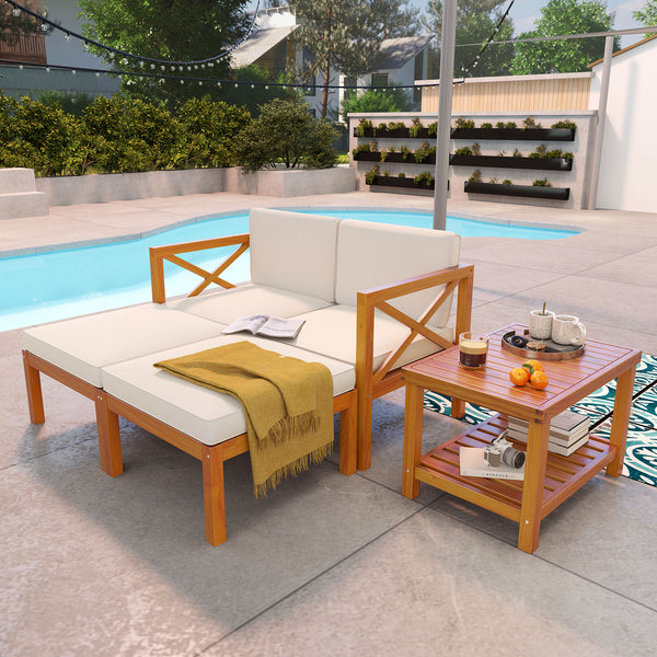 Ensure reliable support thanks to its solid acacia wood<br>Add a natural beauty to your outdoor space<br>Splinter-free surface for smooth touch<br>Soft cushions with high-density sponges for optimal comfort<br>Removable and washable cushion covers for eas