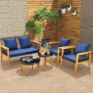 Solid and stable acacia wood and metal construction for strong support<br>High-density sponge cushions for ultimate comfort<br>Convenient zippers make cushion cover simple to maintain<br>Elegant and fade-resistant woven PE rattan for long-time use<br>Ergo