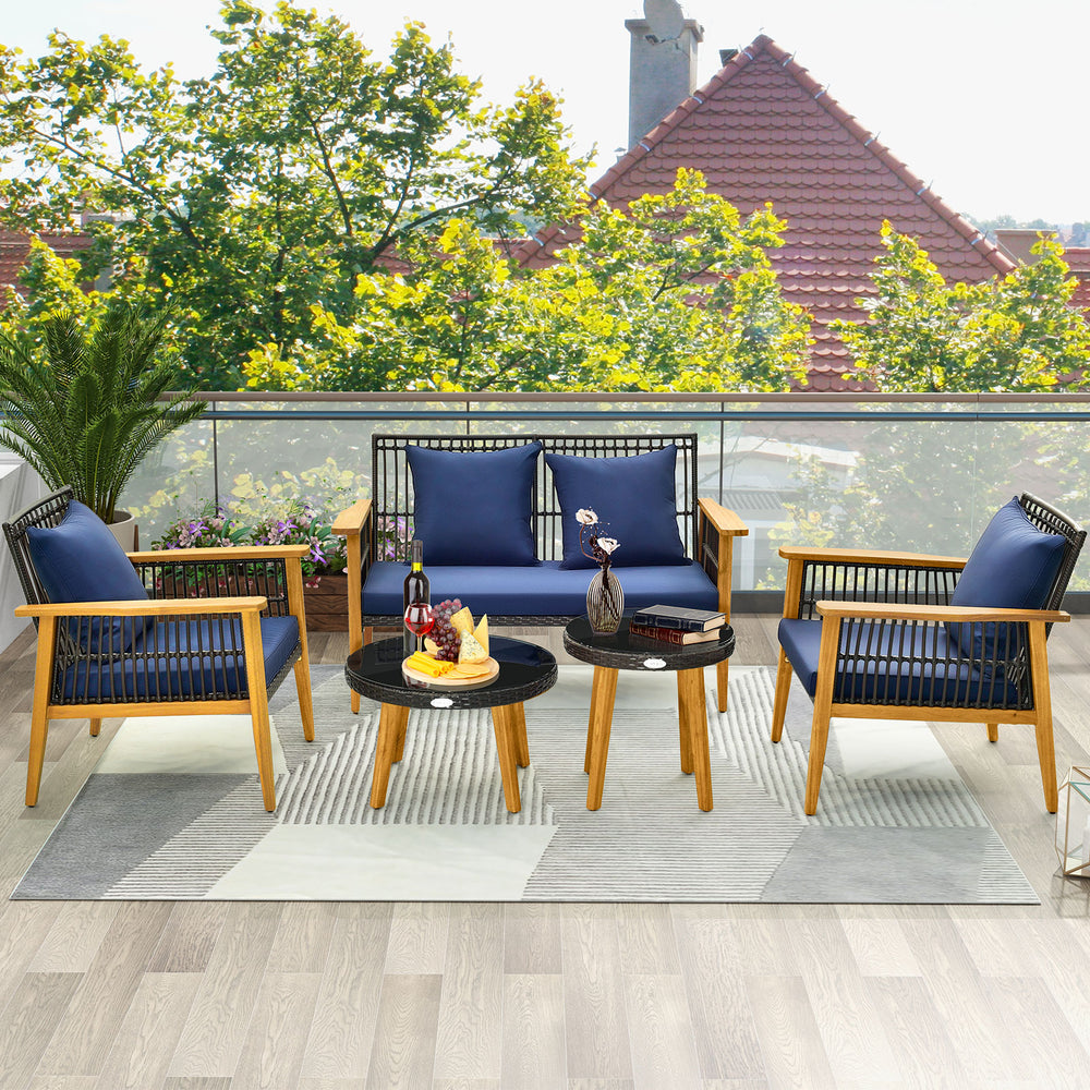 Solid and stable acacia wood and metal construction for strong support<br>High-density sponge cushions for ultimate comfort<br>Convenient zippers make cushion cover simple to maintain<br>Elegant and fade-resistant woven PE rattan for long-time use<br>Ergo