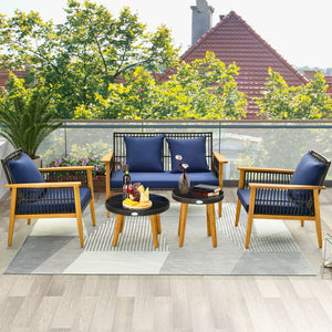 Solid and stable acacia wood and metal construction for strong support<br>High-density sponge cushions for ultimate comfort<br>Convenient zippers make cushion cover simple to maintain<br>Elegant and fade-resistant woven PE rattan for long-time use<br>Ergo