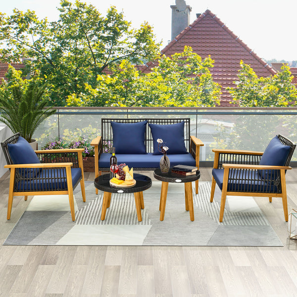 Solid and stable acacia wood and metal construction for strong support<br>High-density sponge cushions for ultimate comfort<br>Convenient zippers make cushion cover simple to maintain<br>Elegant and fade-resistant woven PE rattan for long-time use<br>Ergo