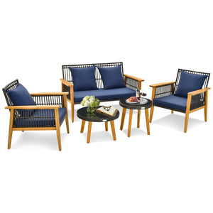 Solid and stable acacia wood and metal construction for strong support<br>High-density sponge cushions for ultimate comfort<br>Convenient zippers make cushion cover simple to maintain<br>Elegant and fade-resistant woven PE rattan for long-time use<br>Ergo