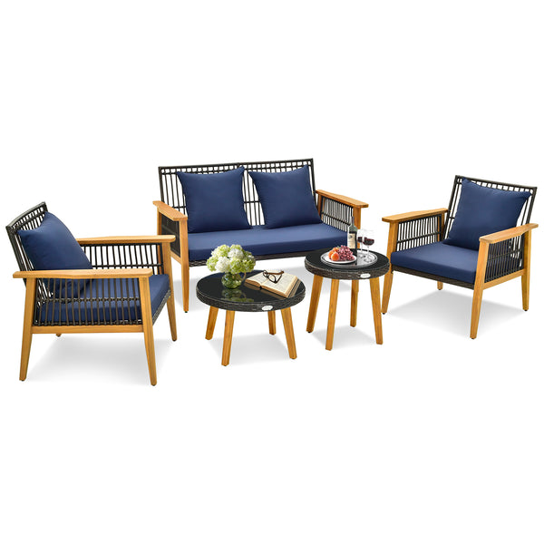Solid and stable acacia wood and metal construction for strong support<br>High-density sponge cushions for ultimate comfort<br>Convenient zippers make cushion cover simple to maintain<br>Elegant and fade-resistant woven PE rattan for long-time use<br>Ergo