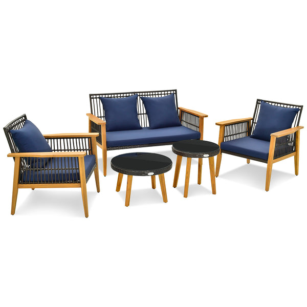 Solid and stable acacia wood and metal construction for strong support<br>High-density sponge cushions for ultimate comfort<br>Convenient zippers make cushion cover simple to maintain<br>Elegant and fade-resistant woven PE rattan for long-time use<br>Ergo