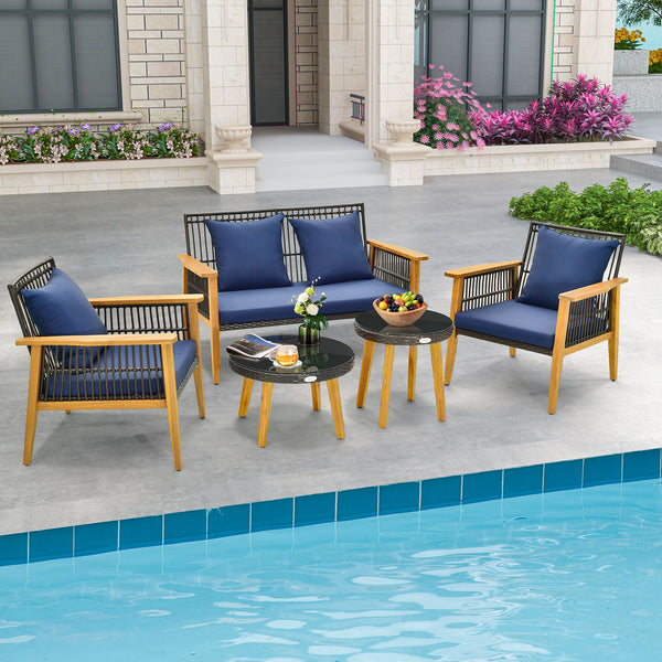 Solid and stable acacia wood and metal construction for strong support<br>High-density sponge cushions for ultimate comfort<br>Convenient zippers make cushion cover simple to maintain<br>Elegant and fade-resistant woven PE rattan for long-time use<br>Ergo