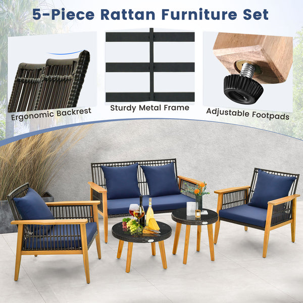 Solid and stable acacia wood and metal construction for strong support<br>High-density sponge cushions for ultimate comfort<br>Convenient zippers make cushion cover simple to maintain<br>Elegant and fade-resistant woven PE rattan for long-time use<br>Ergo