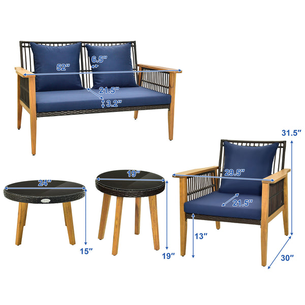 Solid and stable acacia wood and metal construction for strong support<br>High-density sponge cushions for ultimate comfort<br>Convenient zippers make cushion cover simple to maintain<br>Elegant and fade-resistant woven PE rattan for long-time use<br>Ergo