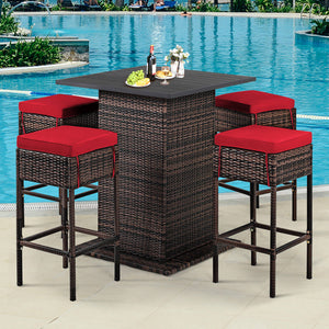 Enjoys outdoor leisure time with this 5-piece wicker bar set<br>Bar table with hidden storage space for storing different items with ease<br>Offers comfortable sitting experience with ergonomic stools with footrest<br>The waterproof cushion cover can be r
