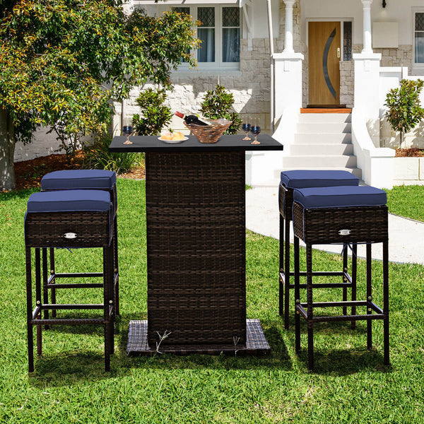 Enjoys outdoor leisure time with this 5-piece wicker bar set<br>Bar table with hidden storage space for storing different items with ease<br>Offers comfortable sitting experience with ergonomic stools with footrest<br>The waterproof cushion cover can be r