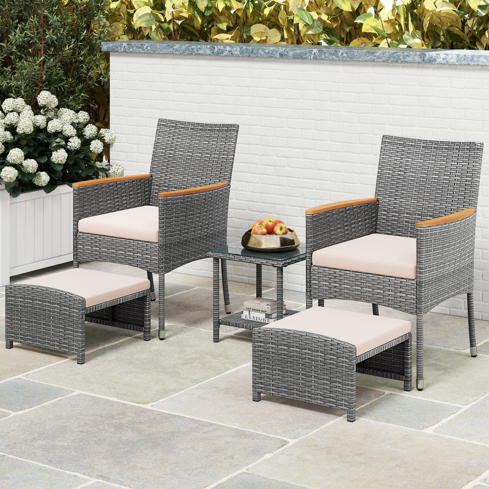 Hand-woven mix grey PE rattan with breathable and colorfast features<br>Soft cushions filled with high-density sponge for enhanced comfort<br>Attach the ottoman cushions firmly with their toggle fasteners<br>Smooth zippers allow you to remove the cushions