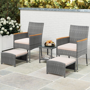 Hand-woven mix grey PE rattan with breathable and colorfast features<br>Soft cushions filled with high-density sponge for enhanced comfort<br>Attach the ottoman cushions firmly with their toggle fasteners<br>Smooth zippers allow you to remove the cushions