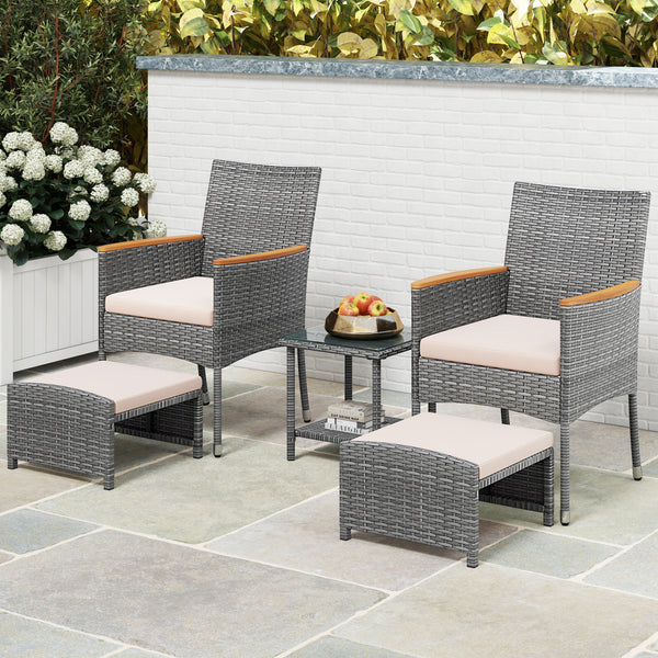 Hand-woven mix grey PE rattan with breathable and colorfast features<br>Soft cushions filled with high-density sponge for enhanced comfort<br>Attach the ottoman cushions firmly with their toggle fasteners<br>Smooth zippers allow you to remove the cushions