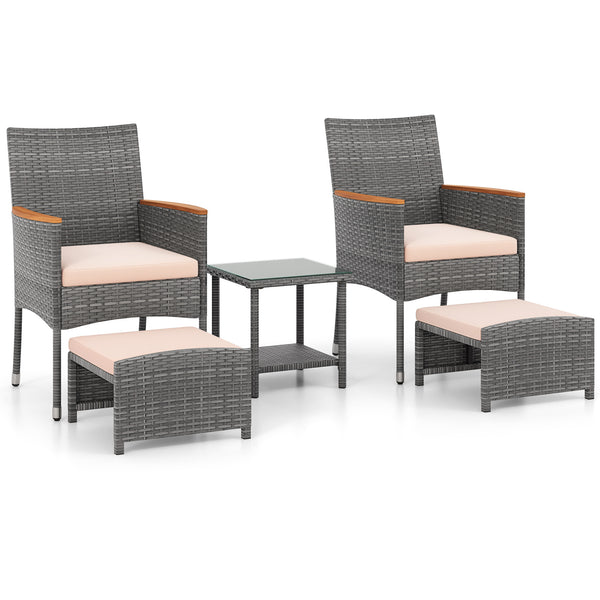 Hand-woven mix grey PE rattan with breathable and colorfast features<br>Soft cushions filled with high-density sponge for enhanced comfort<br>Attach the ottoman cushions firmly with their toggle fasteners<br>Smooth zippers allow you to remove the cushions