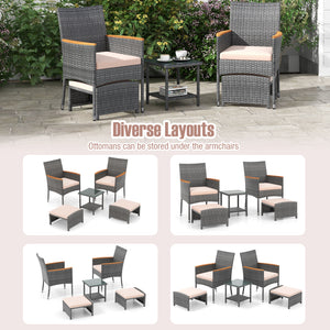 Hand-woven mix grey PE rattan with breathable and colorfast features<br>Soft cushions filled with high-density sponge for enhanced comfort<br>Attach the ottoman cushions firmly with their toggle fasteners<br>Smooth zippers allow you to remove the cushions