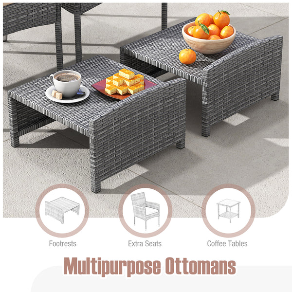 Hand-woven mix grey PE rattan with breathable and colorfast features<br>Soft cushions filled with high-density sponge for enhanced comfort<br>Attach the ottoman cushions firmly with their toggle fasteners<br>Smooth zippers allow you to remove the cushions