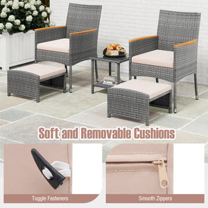Hand-woven mix grey PE rattan with breathable and colorfast features<br>Soft cushions filled with high-density sponge for enhanced comfort<br>Attach the ottoman cushions firmly with their toggle fasteners<br>Smooth zippers allow you to remove the cushions