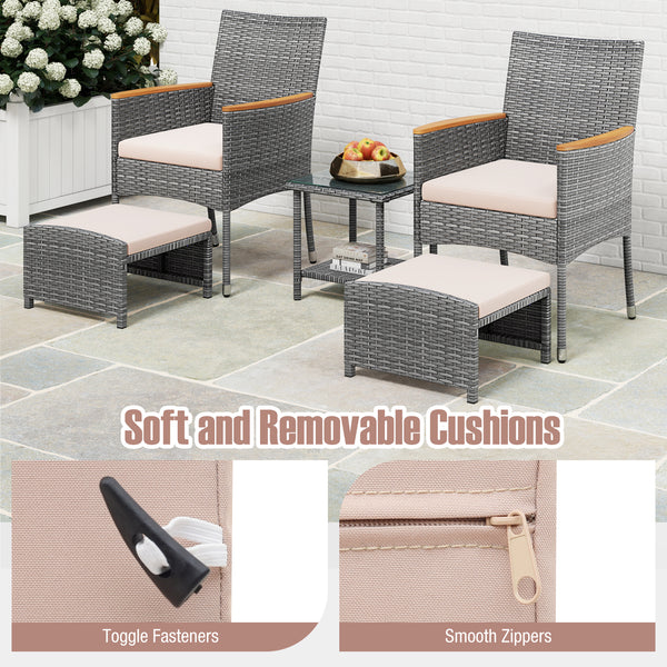 Hand-woven mix grey PE rattan with breathable and colorfast features<br>Soft cushions filled with high-density sponge for enhanced comfort<br>Attach the ottoman cushions firmly with their toggle fasteners<br>Smooth zippers allow you to remove the cushions