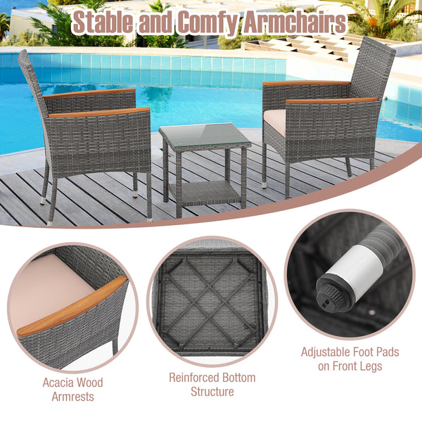 Hand-woven mix grey PE rattan with breathable and colorfast features<br>Soft cushions filled with high-density sponge for enhanced comfort<br>Attach the ottoman cushions firmly with their toggle fasteners<br>Smooth zippers allow you to remove the cushions