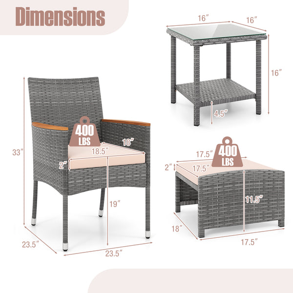 Hand-woven mix grey PE rattan with breathable and colorfast features<br>Soft cushions filled with high-density sponge for enhanced comfort<br>Attach the ottoman cushions firmly with their toggle fasteners<br>Smooth zippers allow you to remove the cushions