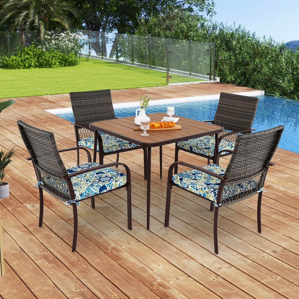 Rattan woven backrest is breathable and built-to-last<br>35" x 35" square table accommodates lots of food and drinks<br>Plastic wood slatted tabletop for simple maintenance<br>Soft seat cushions bring more coziness<br>Smooth zippers and fixing ties for mo