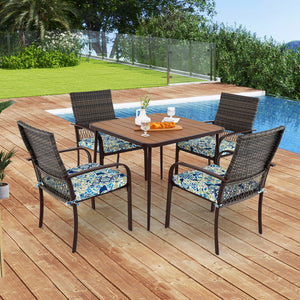 Rattan woven backrest is breathable and built-to-last<br>35" x 35" square table accommodates lots of food and drinks<br>Plastic wood slatted tabletop for simple maintenance<br>Soft seat cushions bring more coziness<br>Smooth zippers and fixing ties for mo