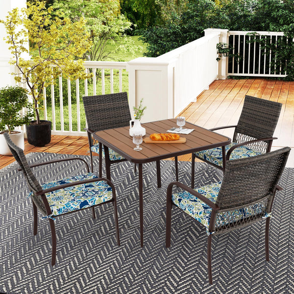 Rattan woven backrest is breathable and built-to-last<br>35" x 35" square table accommodates lots of food and drinks<br>Plastic wood slatted tabletop for simple maintenance<br>Soft seat cushions bring more coziness<br>Smooth zippers and fixing ties for mo