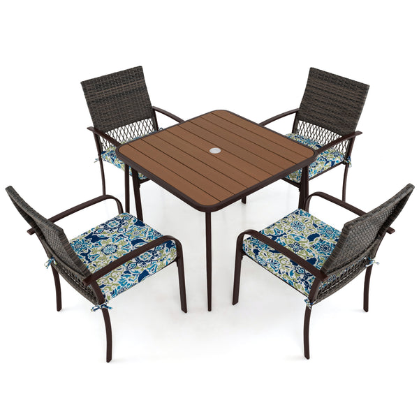 Rattan woven backrest is breathable and built-to-last<br>35" x 35" square table accommodates lots of food and drinks<br>Plastic wood slatted tabletop for simple maintenance<br>Soft seat cushions bring more coziness<br>Smooth zippers and fixing ties for mo