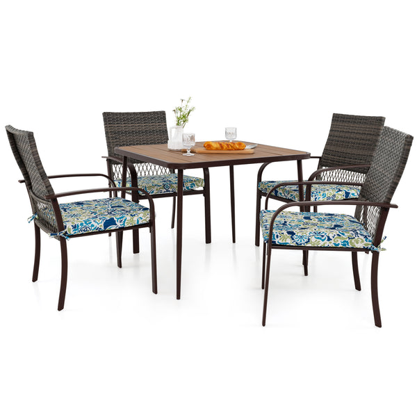 Rattan woven backrest is breathable and built-to-last<br>35" x 35" square table accommodates lots of food and drinks<br>Plastic wood slatted tabletop for simple maintenance<br>Soft seat cushions bring more coziness<br>Smooth zippers and fixing ties for mo