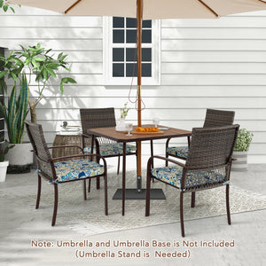 Rattan woven backrest is breathable and built-to-last<br>35" x 35" square table accommodates lots of food and drinks<br>Plastic wood slatted tabletop for simple maintenance<br>Soft seat cushions bring more coziness<br>Smooth zippers and fixing ties for mo