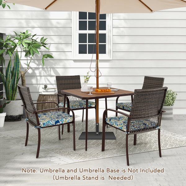Rattan woven backrest is breathable and built-to-last<br>35" x 35" square table accommodates lots of food and drinks<br>Plastic wood slatted tabletop for simple maintenance<br>Soft seat cushions bring more coziness<br>Smooth zippers and fixing ties for mo
