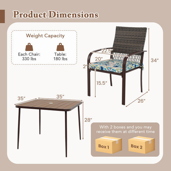 Rattan woven backrest is breathable and built-to-last<br>35" x 35" square table accommodates lots of food and drinks<br>Plastic wood slatted tabletop for simple maintenance<br>Soft seat cushions bring more coziness<br>Smooth zippers and fixing ties for mo