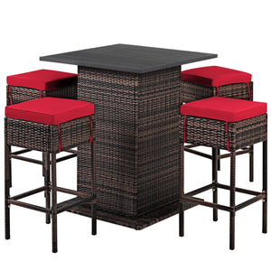 Enjoys outdoor leisure time with this 5-piece wicker bar set<br>Bar table with hidden storage space for storing different items with ease<br>Offers comfortable sitting experience with ergonomic stools with footrest<br>The waterproof cushion cover can be r