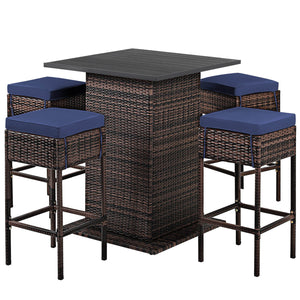 Enjoys outdoor leisure time with this 5-piece wicker bar set<br>Bar table with hidden storage space for storing different items with ease<br>Offers comfortable sitting experience with ergonomic stools with footrest<br>The waterproof cushion cover can be r