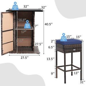 Enjoys outdoor leisure time with this 5-piece wicker bar set<br>Bar table with hidden storage space for storing different items with ease<br>Offers comfortable sitting experience with ergonomic stools with footrest<br>The waterproof cushion cover can be r