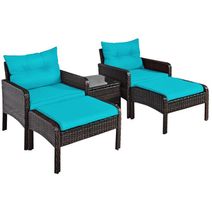 Includes 2 single chairs  2 ottomans and a side table<br>Heavy-duty metal frame with great sturdiness<br>All-weather PE rattan durable for outdoor use<br>Long-lasting tempered glass table smooth for wiping<br>3" thick cushions for excellent softness<br>Re