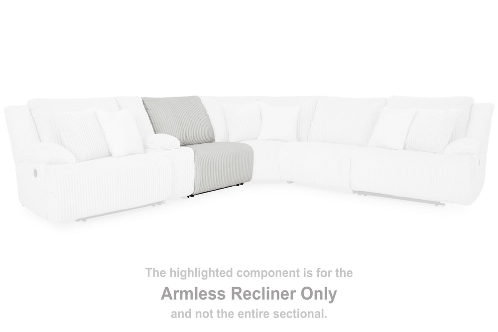 This armless recliner is made with polyester upholstery. Pairs with other items in the series to make a sectional.<br><br><b>Additional Dimensions</b><br><ul><li>Seat depth: 23-"</li><li>Seat height: 20-"</li><li>Fully reclined length: 66-"</li><li>Distan