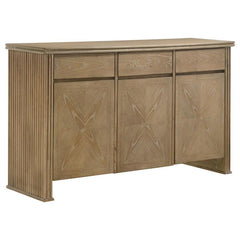 This sideboard combines timeless elegance with practical storage in a pearly almond finish. Crafted from oak veneer, Asian hardwood, and engineered wood, it features tinted drawer boxes with brown felt lining and smooth drawer extension glides. The vertic