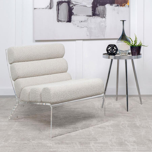  where horizontal channeling meets the rich texture of bouclÃ© fabric. The thick