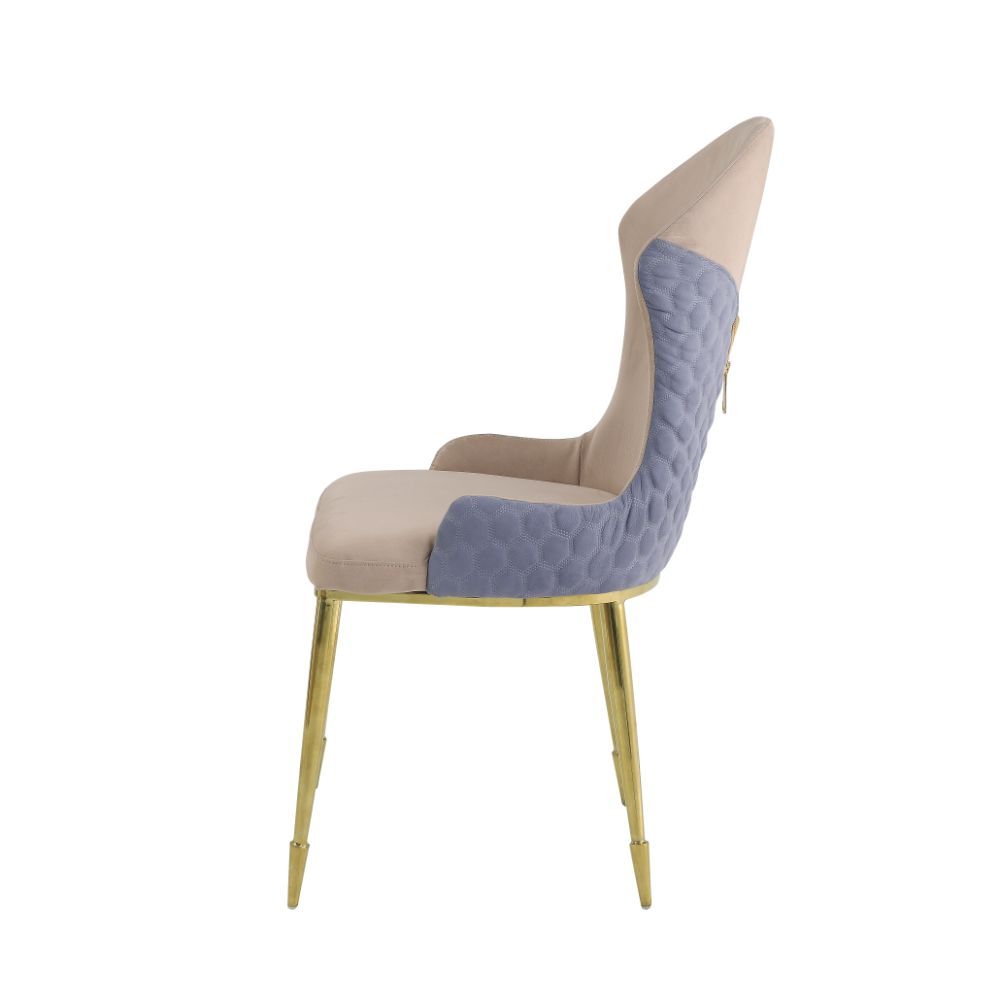 Dining Chair (High Back) Stationary Seat: Standard Dining Height Padded SEAT & BACK: Fabric (Inside Tan Solid Patten, Outside Lavender Honeycomb Quilt Pattern) Metal Apron Seat Wingback Backrest () [sc] Stainless Steel Spindle Leg: Gold Finish Sloped Low 