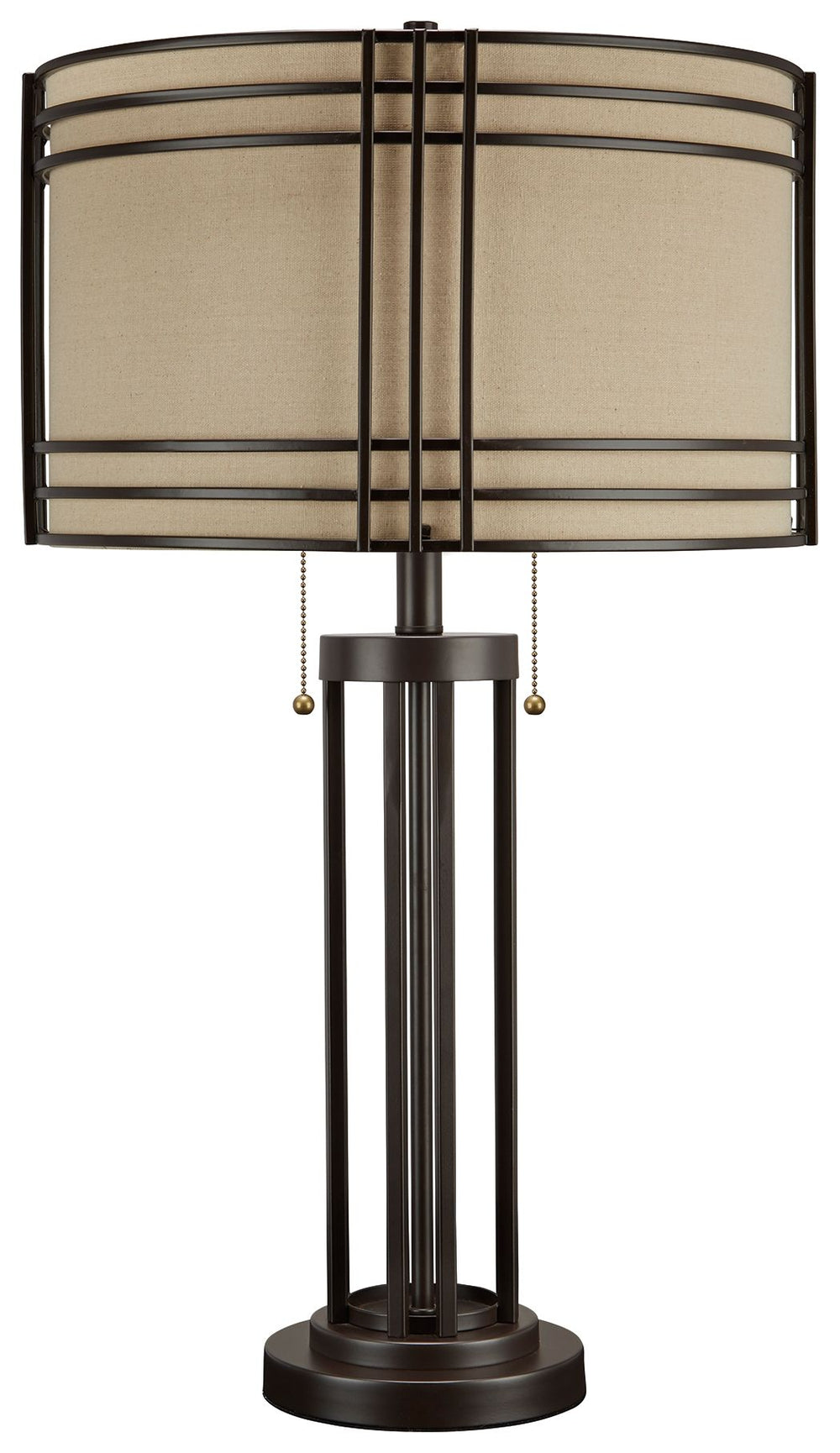 Add a touch of rustic industrial style to your decor with this eye-catching table lamp. Its drum shade and decorative metal frame bring an appealing touch to your home. A dark brown finish complements the shade-'s lighter neutral color, making this lamp i
